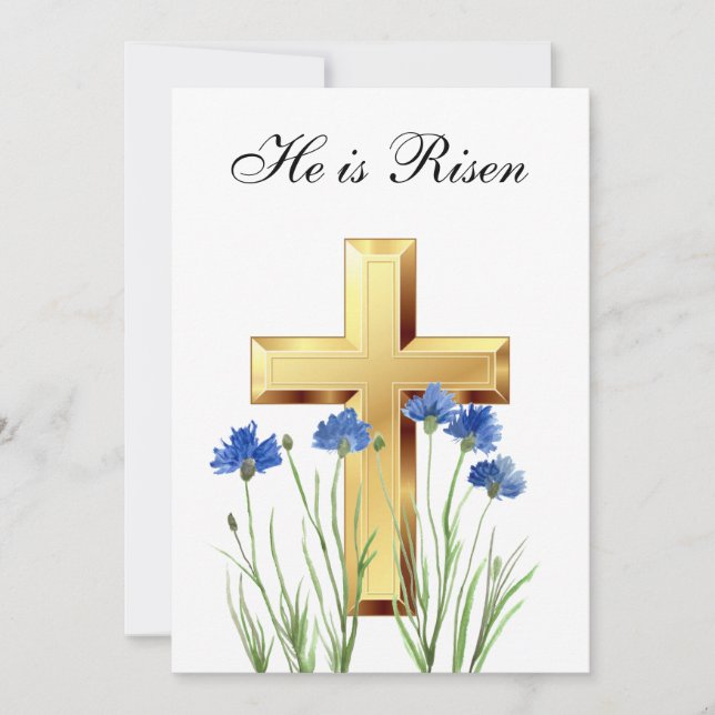 His is Risen Wildflower Easter Cornflowers Cross Invitation (Front)