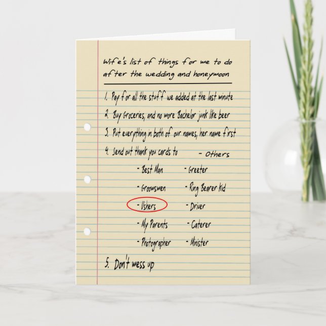 HIS LIST - Thanks ushers - FUNNY Letterpress Thank You Card (Front)