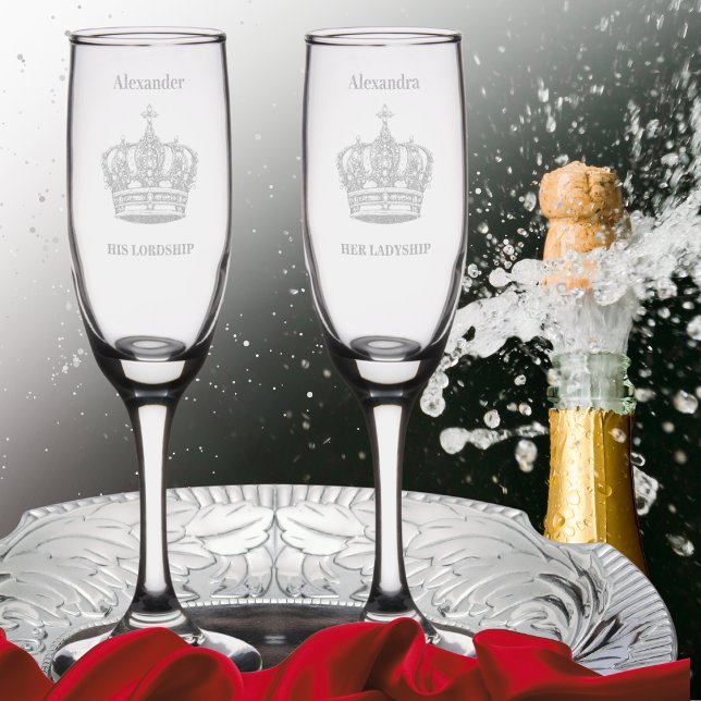 His Lordship Her Ladyship Elegant Custom Name Champagne Flute (His Lordship and His Ladyship personalized champagne flutes with etched crown)