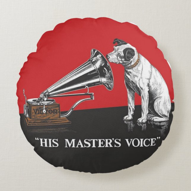 His Master's Voice Red and Black Round Pillow (Front)