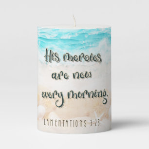 His Mercies Are New Seashore Bible Verse Prayer Pillar Candle
