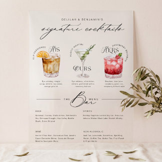 His Ours & Hers Watercolor Signature Cocktail Menu Acrylic Sign