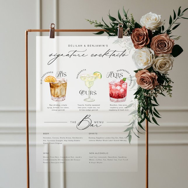 His Ours & Hers Watercolor Signature Cocktail Menu Acrylic Sign (His Ours & Hers Watercolor Signature Cocktail Menu Acrylic Sign)