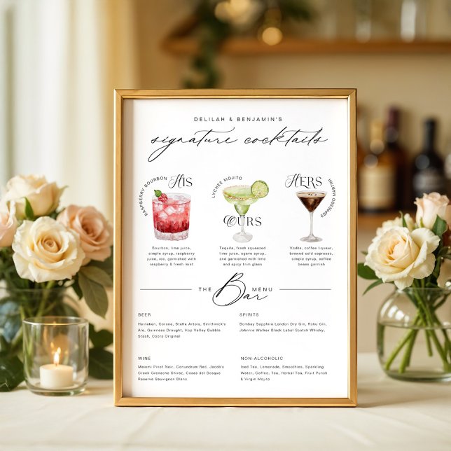 His Ours & Hers Watercolor Signature Cocktail Menu Poster (His Ours & Hers Watercolor Signature Cocktail Menu Poster)