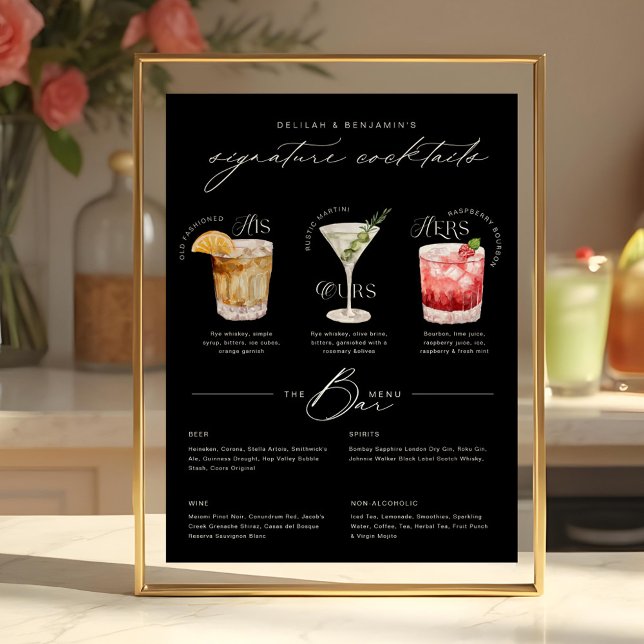 His Ours & Hers Watercolor Signature Cocktail Menu Poster (His Ours & Hers Watercolor Signature Cocktail Menu Black Poster)