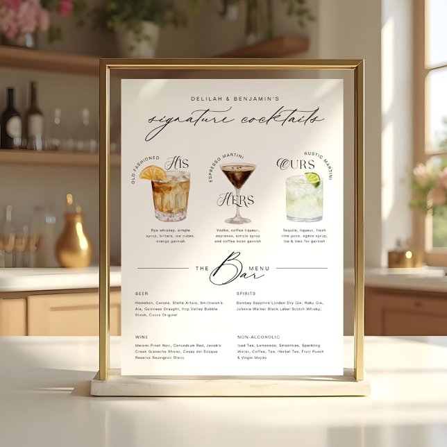 His Ours & Hers Watercolor Signature Cocktail Menu Poster (His Ours & Hers Watercolor Signature Cocktail Menu Poster)