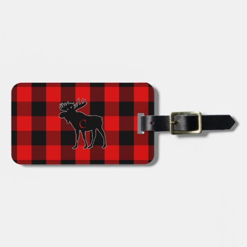 His Personalized Rustic Moose Red Buffalo Plaid Luggage Tag