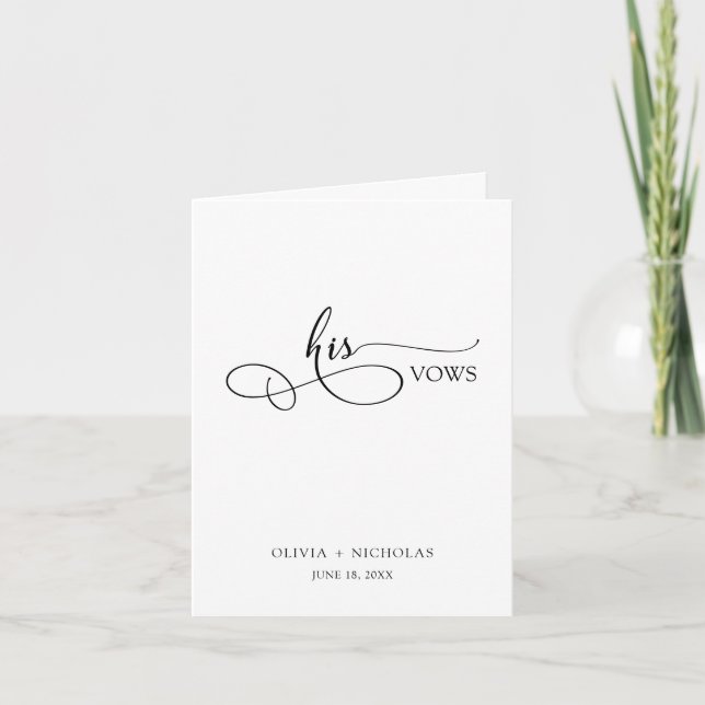 His Vows Card Minimalist Black Script Vows Card (Front)