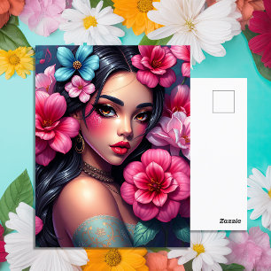 Hispanic Anime Girl with Pretty Pink Flowers Postcard