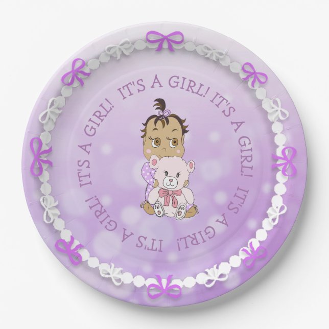 Hispanic Baby Girl Holding Teddy Bear Baby Shower Paper Plates (Front)
