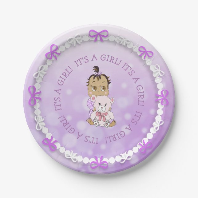 Hispanic Baby Girl Holding Teddy Bear Baby Shower Paper Plates (Front)