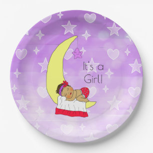 Hispanic Baby Girl Sleeping on Moon Baby Shower Paper Plates