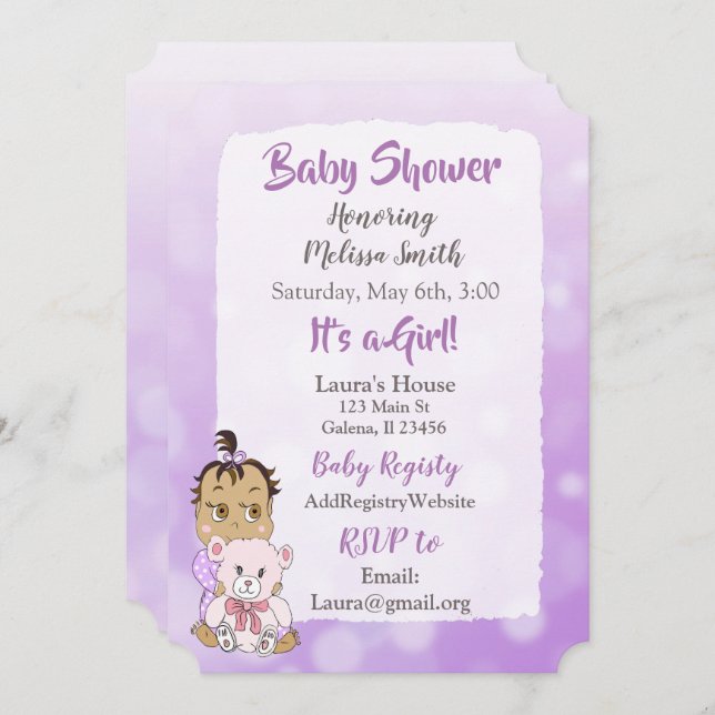 Hispanic Baby Girl with Teddy Bear Baby showier Invitation (Front/Back)