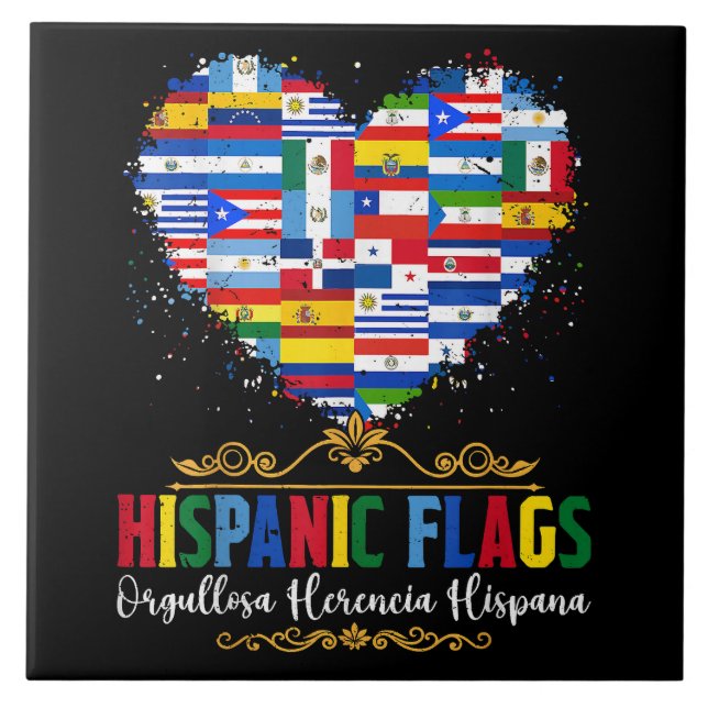 Hispanic Flags Heart Hispanic Heritage Month Ceramic Tile (Front)
