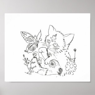 Hispanic  folk art kitten color page poster