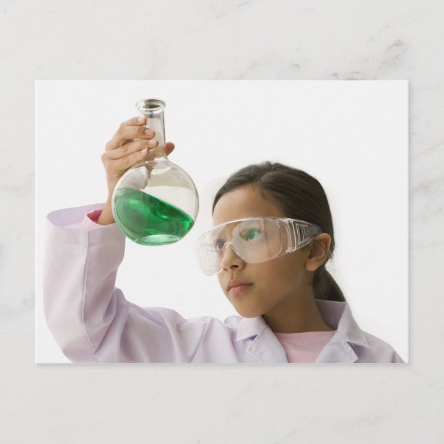 Hispanic girl looking at liquid in beaker postcard (Front)