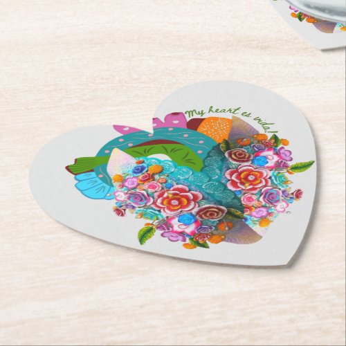 Hispanic Heritage Heart Flowers  Bilingual Paper Coaster