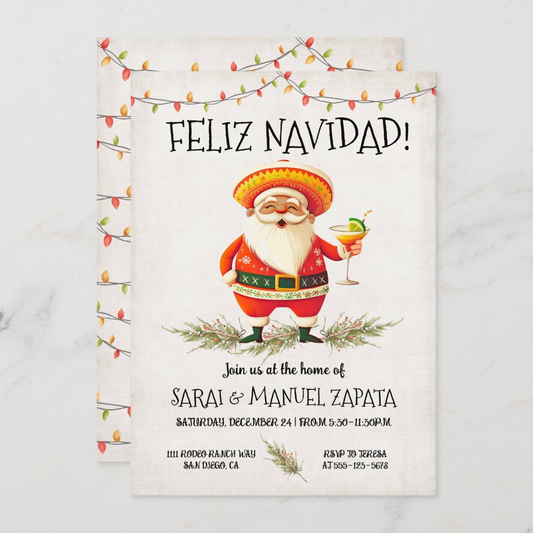 Hispanic Mexican Santa Claus Feliz Navidad Party Invitation (Front/Back)