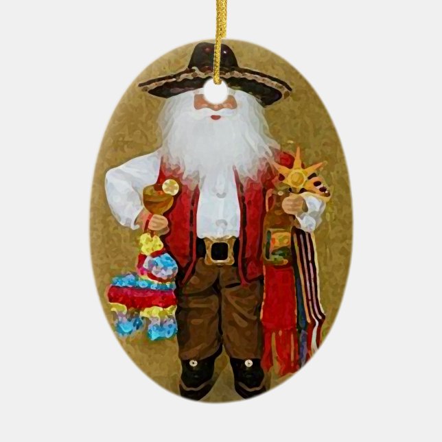 Hispanic Mexican Southwestern Texan Santa Claus Ceramic Ornament (Front)