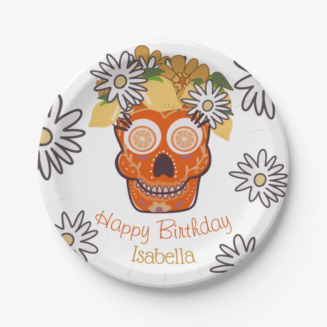 Hispanic Sugar Skull Fall Birthday Paper Plates (Front)