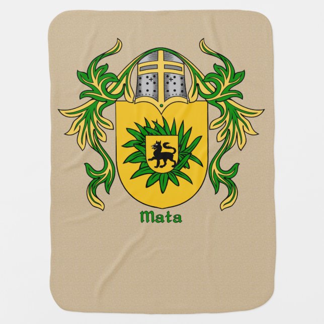 Hispanic Surname Mata Heraldic Shield and Mantling Receiving Blanket (Front)