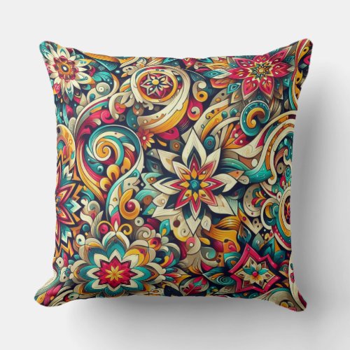 Hispanic Theme Print of Flower Star and Swirls Throw Pillow