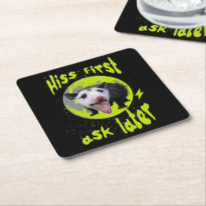 Hiss First Ask Later Funny Opossum Humor  Square Paper Coaster