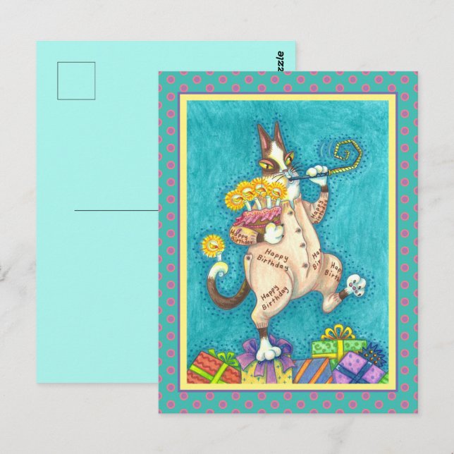 HISS N' FITZ CAT IN BIRTHDAY SUIT, CAKE & CANDLES POSTCARD (Front/Back)