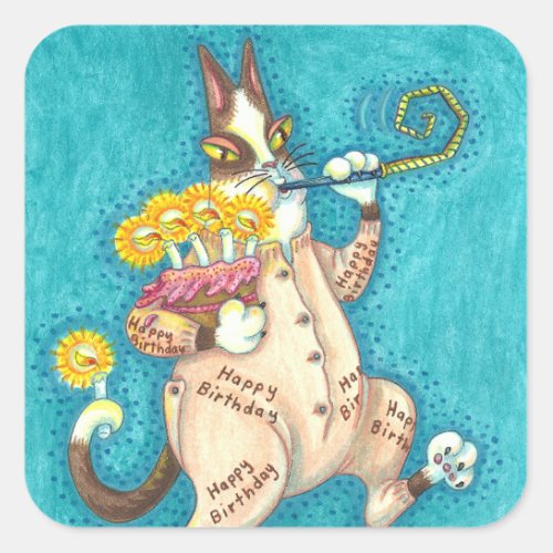 HISS N FITZ CAT IN BIRTHDAY SUIT CAKE  CANDLES SQUARE STICKER