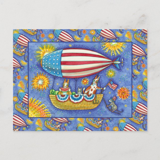 HISS N' FITZ CATS 4TH OF JULY ZEPPELIN Funny Holiday Postcard (Front)