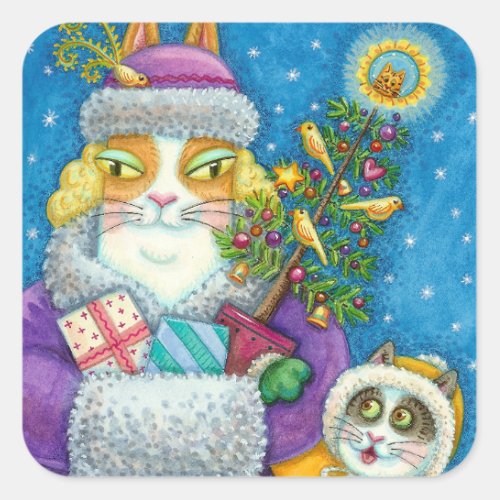 HISS N FITZ CATS CHRISTMAS SHOPPING FEATHER TREE SQUARE STICKER