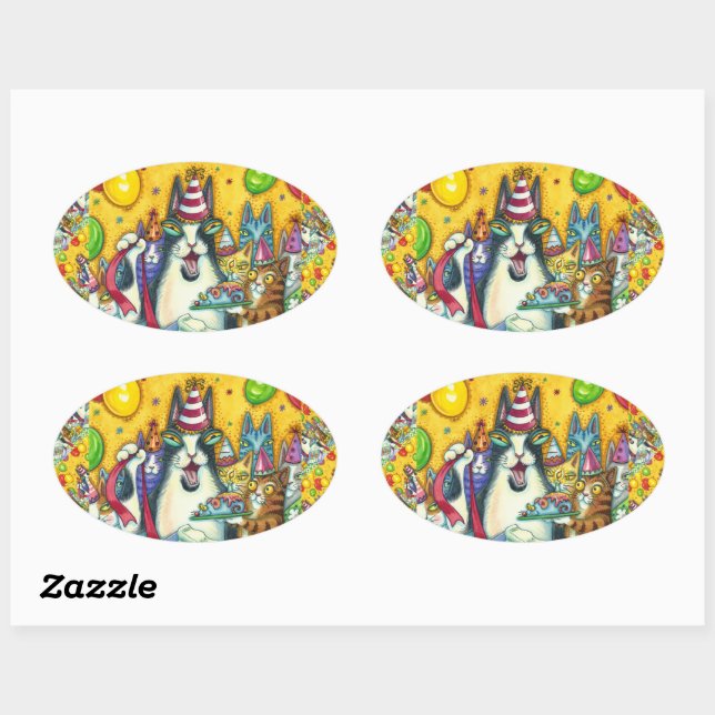 HISS N' FITZ CATS, KITTENS, MICE, FUNNY BIRTHDAY OVAL STICKER (Sheet)