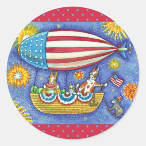 HISS N FITZ CATS  MOUSE IN 4TH OF JULY ZEPPELIN CLASSIC ROUND STICKER
