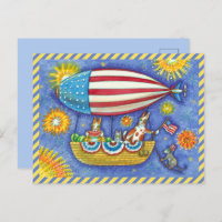 HISS N' FITZ CATS & MOUSE IN 4TH OF JULY ZEPPELIN HOLIDAY POSTCARD