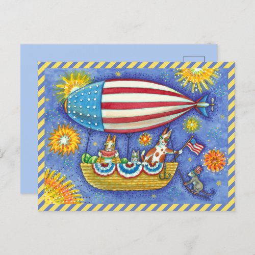 HISS N FITZ CATS  MOUSE IN 4TH OF JULY ZEPPELIN HOLIDAY POSTCARD