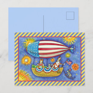 HISS N' FITZ CATS & MOUSE IN 4TH OF JULY ZEPPELIN HOLIDAY POSTCARD