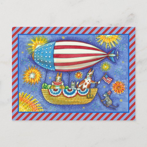HISS N FITZ CATS  MOUSE IN 4TH OF JULY ZEPPELIN HOLIDAY POSTCARD
