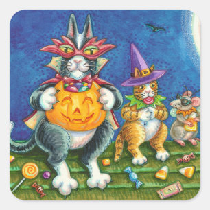 HISS N' FITZ CATS, TRICK OR TREAT FUNNY HALLOWEEN SQUARE STICKER