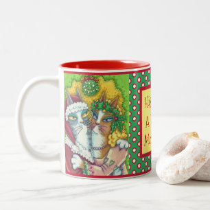 HISS N' FITZ KISSING CATS, SANTA CLAWS XMAS MUG