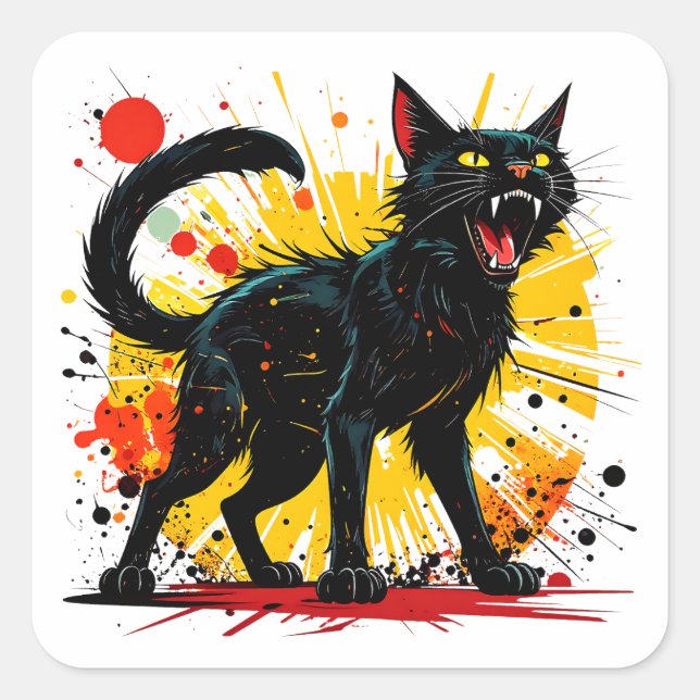 Hissing Defensive Black Cat Square Sticker (Front)