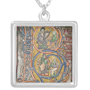 Historiated initial 'B' depicting King David Silver Plated Necklace