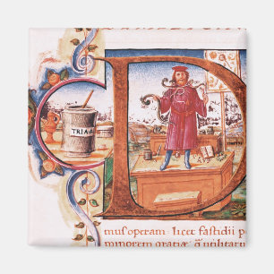 Historiated initial 'D' depicting an apothecary Magnet