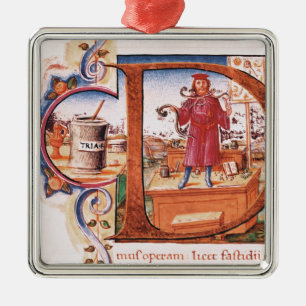 Historiated initial 'D' depicting an apothecary Metal Ornament
