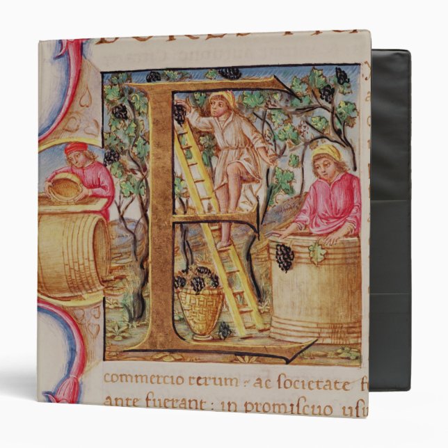 Historiated initial 'E' depicting grape picking Binder (Front/Inside)