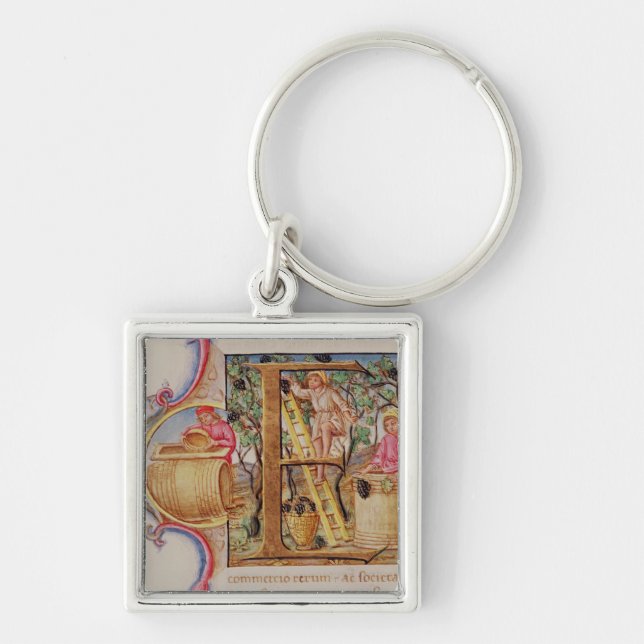 Historiated initial 'E' depicting grape picking Keychain (Front)