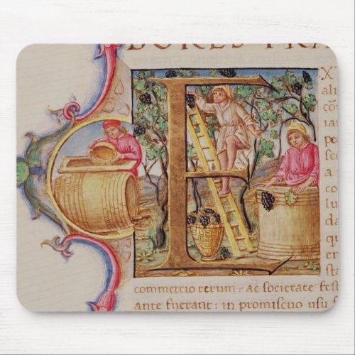 Historiated initial E depicting grape picking Mouse Pad