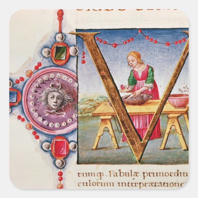 Historiated initial 'V' depicting Square Sticker (Front)