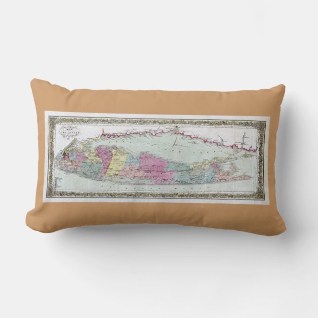 Historic 1855-1857 Travellers Map of Long Island Lumbar Pillow (Front)