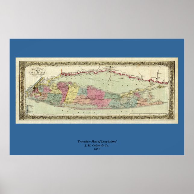 Historic 1855-1857 Travellers Map of Long Island Poster (Front)