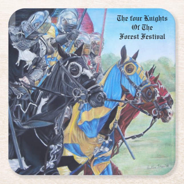 historic art medieval knights jousting on horses square paper coaster (Front)